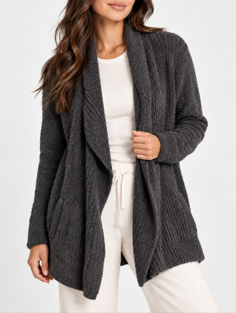 Barefoot Dreams CozyChic Lite Gray Waterfall Cardigan Draped Shawl Pocket S
